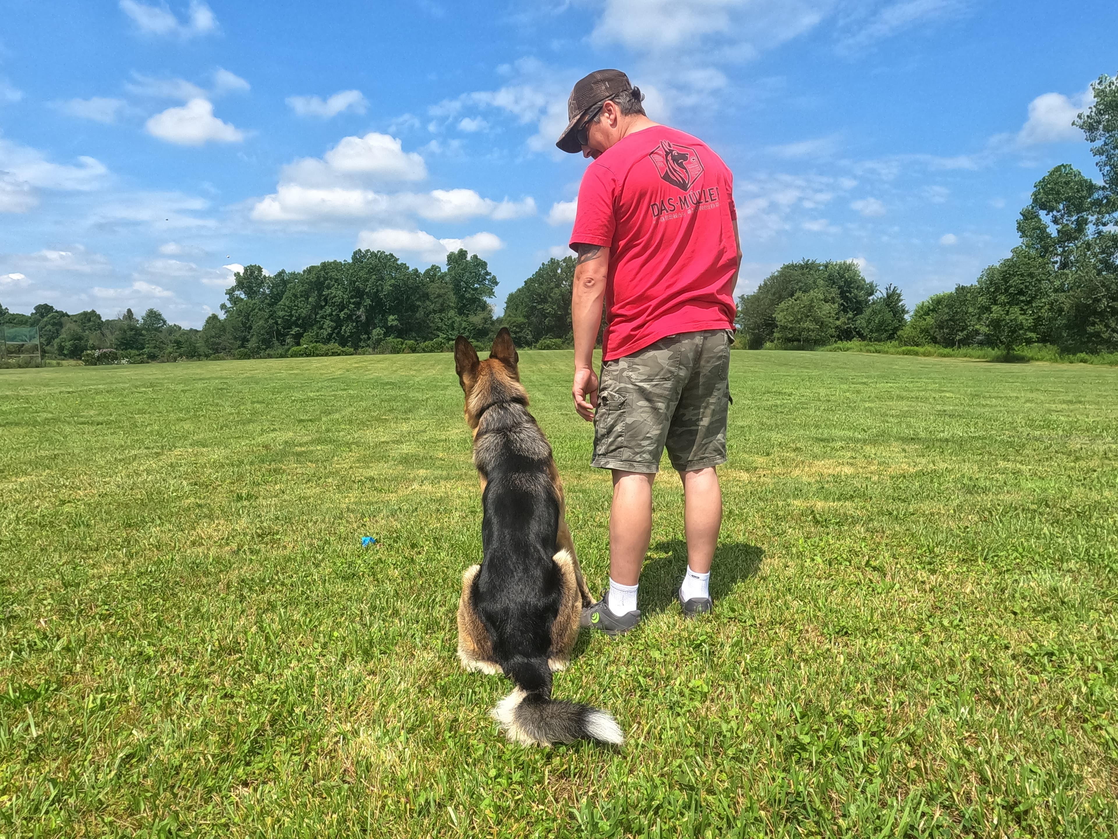Patriot K9 trainer standing with a German Shepherd overlooking the training field.